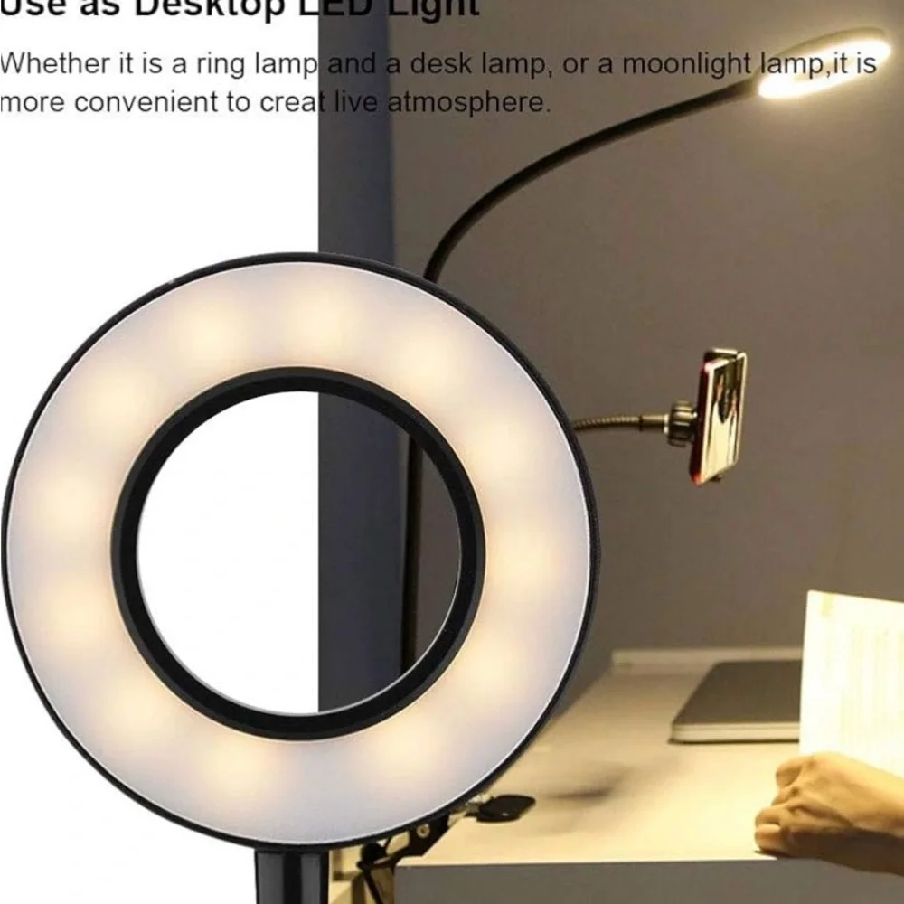 Goose Neck Selfie Light Phone Holder- Clamps to table- 3 Light Modes-360’ Rotate